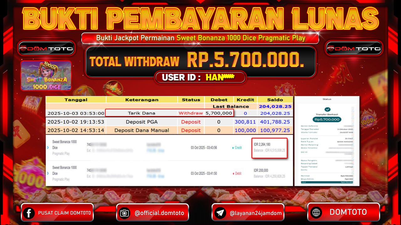 JACKPOT Slot Sweet Bonanza 1000 Dice Pragmatic Play 03 OKTOBER 2025